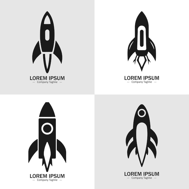 Conjunto de siluetas de cohetes adecuado para la tipografía de patrones de logotipos, emblemas, etc. Aislado en fondo blanco Ilustración vectorial