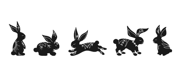 Conjunto de siluetas de conejos en diferentes poses conejos dibujados a mano