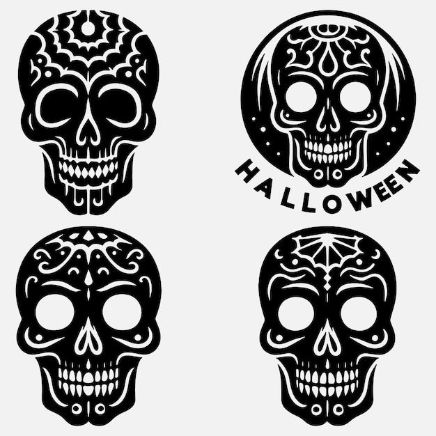 Conjunto de siluetas de cráneo Clip Art Ilustración vectorial aislada en fondo blanco