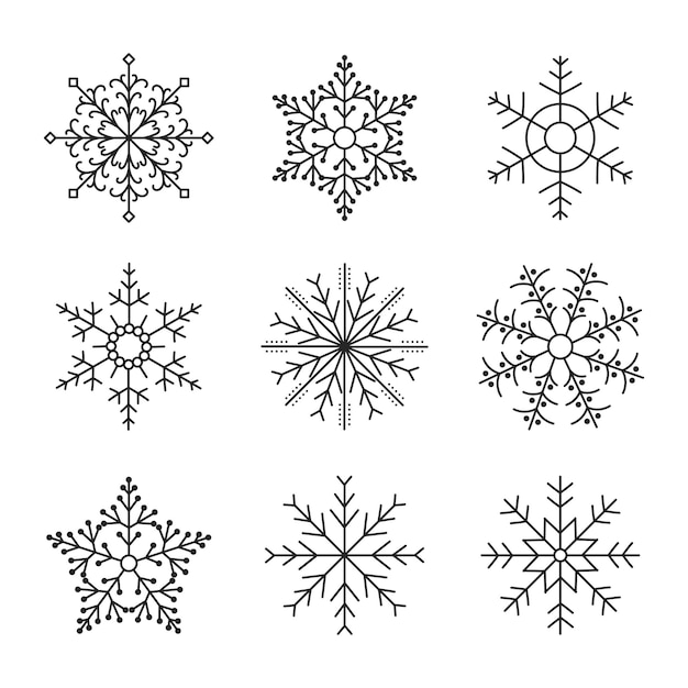 Conjunto de siluetas dibujadas a mano de copos de nieve sobre un fondo blanco Vector de elementos de diseño de invierno