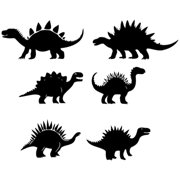 Conjunto de siluetas de dinosaurios aislado sobre fondo blanco.