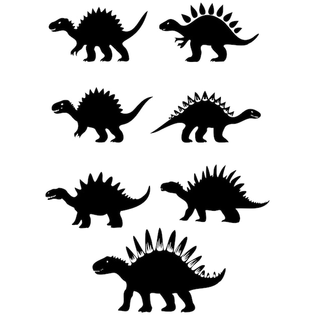 Conjunto de siluetas de dinosaurios aislado sobre fondo blanco.