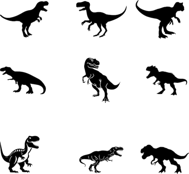 Conjunto de siluetas de dinosaurios aislado sobre fondo blanco.