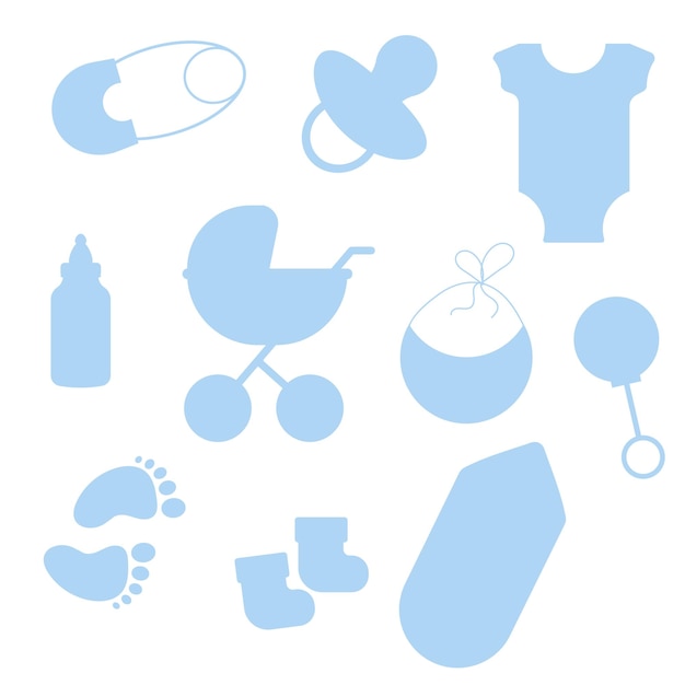 Conjunto de siluetas de elementos azules para baby shower para un niño ilustración vectorial