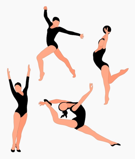 Conjunto de siluetas del equipo de gimnasta Deporte gimnasia artística Reina del deporte Estilo plano Vector aislado