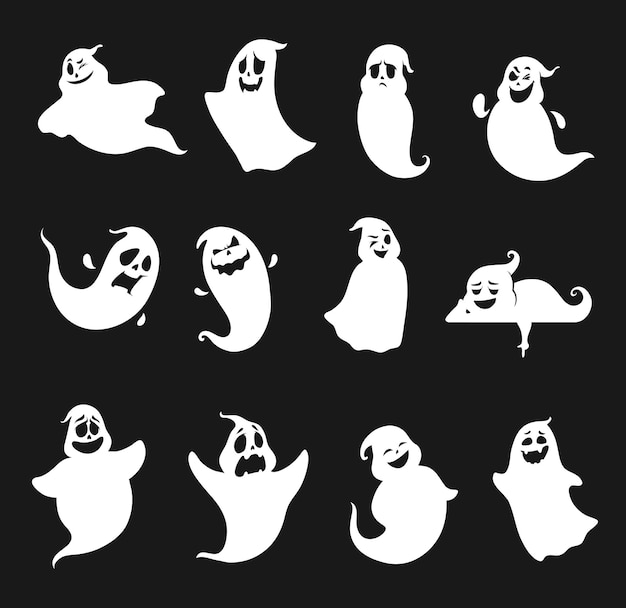Conjunto de siluetas de fantasmas de Halloween divertidas y aterradoras