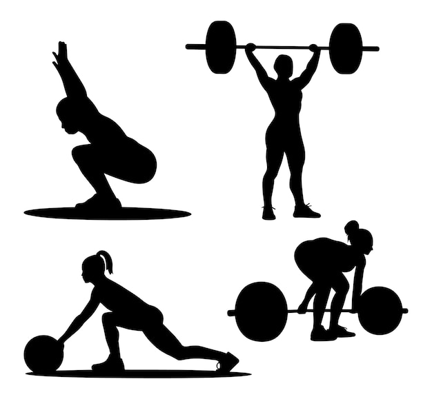 Conjunto de siluetas de fitness de levantadores de pesas que realizan varios ejercicios ilustración vectorial