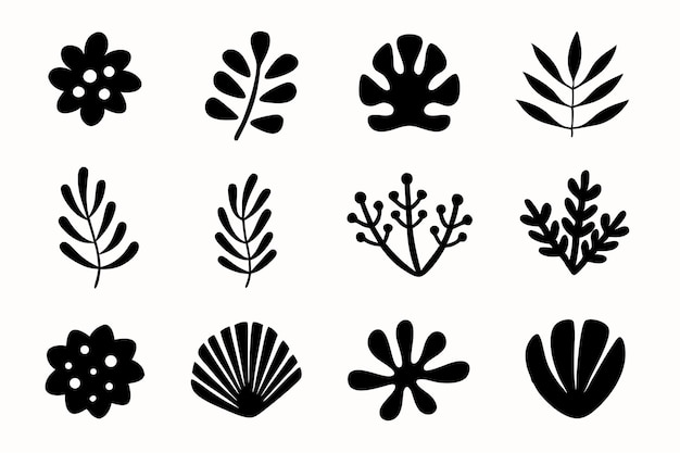 Conjunto de siluetas de flores y hojas Clipart botánico