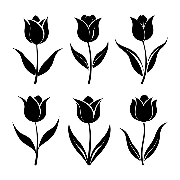Conjunto de siluetas de flores de tulipán negras aisladas en blanco
