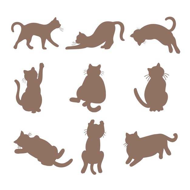 conjunto de siluetas de gatos dibujadas a mano en estilo de dibujos animados sobre un fondo blanco