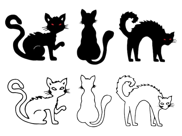 Conjunto de siluetas de gatos dibujo de contorno en blanco y negro para Halloween Clipart gráfico dibujado a mano Mascotas lindas Ilustración de animales en diferentes poses para el diseño de vacaciones Estilo de garabateo simple