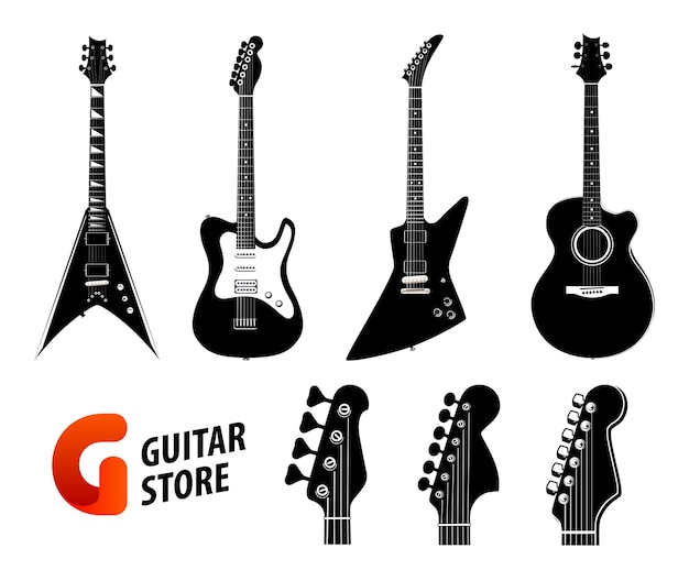 Conjunto de siluetas de guitarra color negro aislado en blanco Guitarras eléctricas y acústicas y logotipo para tienda de música