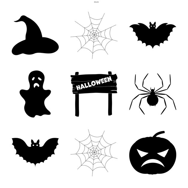Conjunto de siluetas de Halloween con atributos tradicionales sobre fondo blanco. Estilo de dibujos animados. Vector.