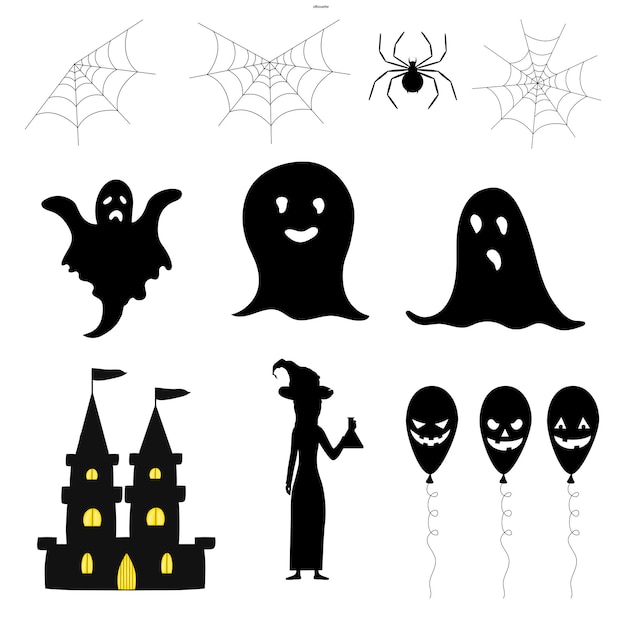 Conjunto de siluetas de halloween con atributos tradicionales sobre fondo blanco. estilo de dibujos animados. vector.