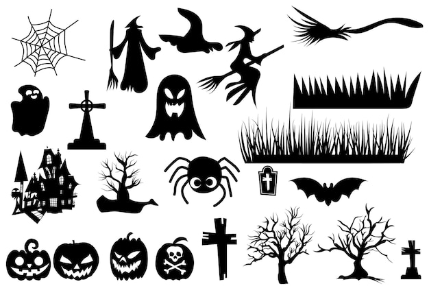 Conjunto de siluetas de Halloween icono negro y carácter. ilustración vectorial