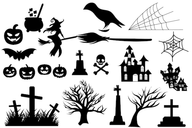 Conjunto de siluetas de Halloween icono negro y carácter. ilustración vectorial