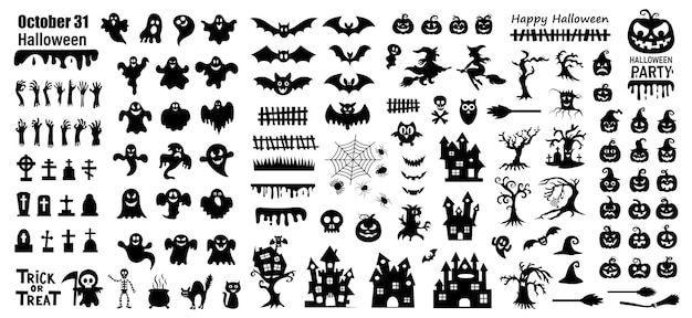 Conjunto de siluetas de Halloween sobre un fondo blanco Ilustración vectorial