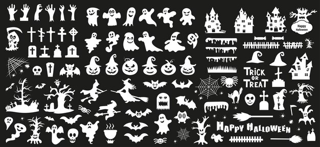 Conjunto de siluetas de halloween sobre un fondo negro ilustración vectorial