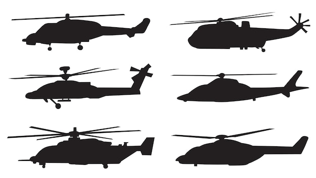 conjunto de siluetas de helicópteros en un vector de fondo blanco