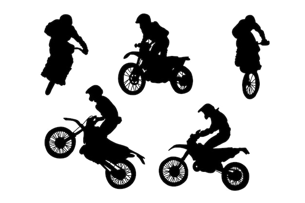 Conjunto, de, siluetas, de, hombre, equitación, en, motocross, 2, vector, diseño