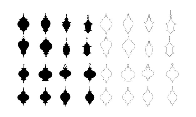 Conjunto de siluetas de la ilustración de arte vectorial del icono de la linterna islámica con fondo blanco