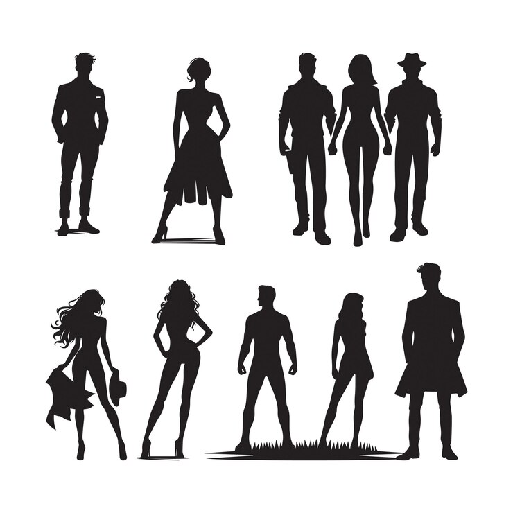 Conjunto de siluetas de ilustraciones de arte vectorial de hombres y mujeres
