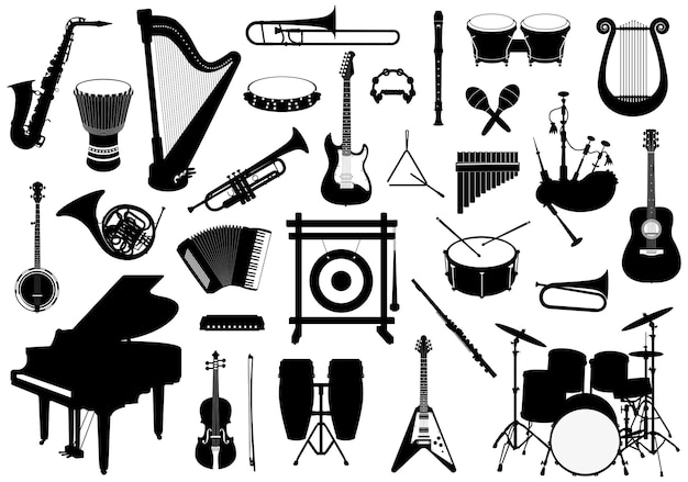 Vector conjunto de siluetas de instrumentos musicales, batería, percusión, teclado e instrumentos de cuerda.