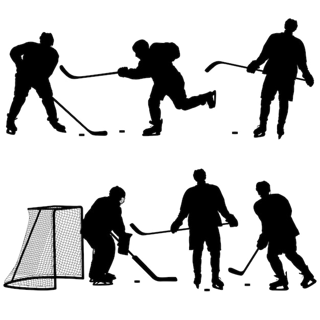 Conjunto de siluetas jugador de hockey aislado en blanco ilustraciones vectoriales