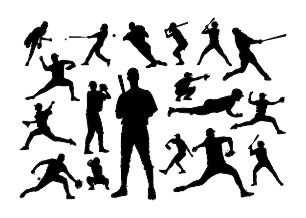 Conjunto de siluetas de jugadores de béisbol de vector de deportistas