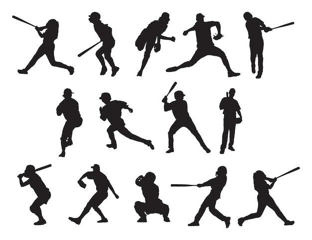 Conjunto de siluetas de jugadores de béisbol de vector de deportistas