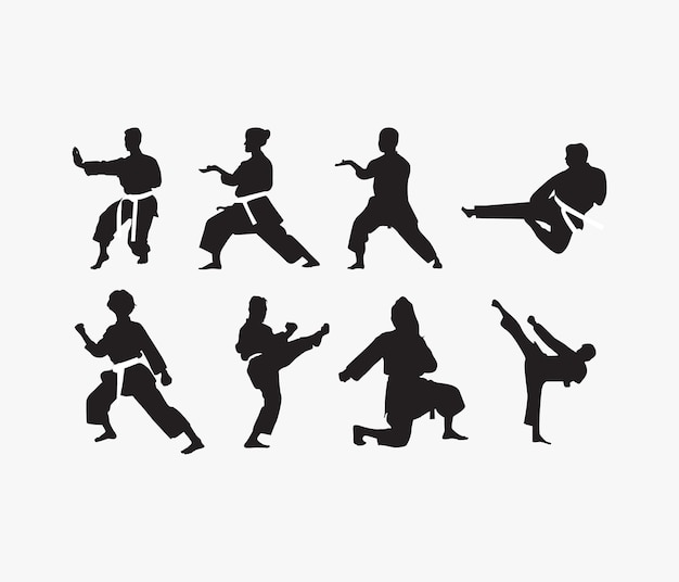 Vector conjunto de siluetas de karate o artes marciales dibujadas a mano por vectores