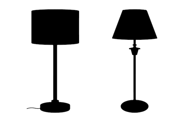 Conjunto de siluetas de lámparas de piso y de mesa Ilustración vectorial negra sobre fondo blanco