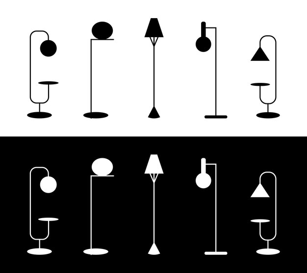 Conjunto de siluetas de lámparas de suelo en blanco y negro iconos planos vectoriales