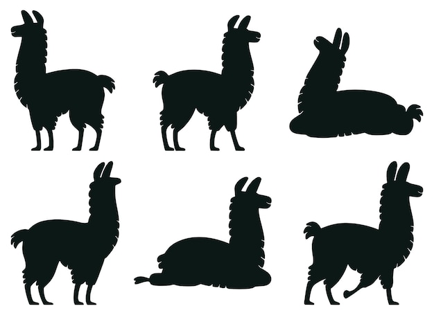 Conjunto de siluetas de llama en varias poses vectorial aislado en fondo blanco