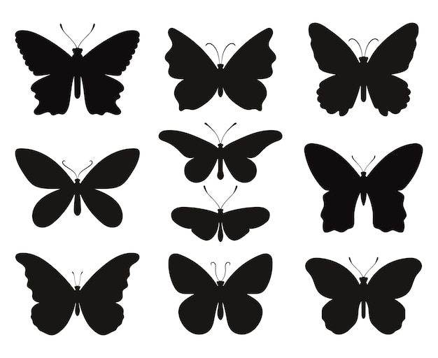 Conjunto de siluetas de mariposas. Plantillas negras de formas de mariposas y polillas, contornos spring papillon, símbolos de ilustración vectorial de contornos de criaturas de fauna aisladas en blanco backgr