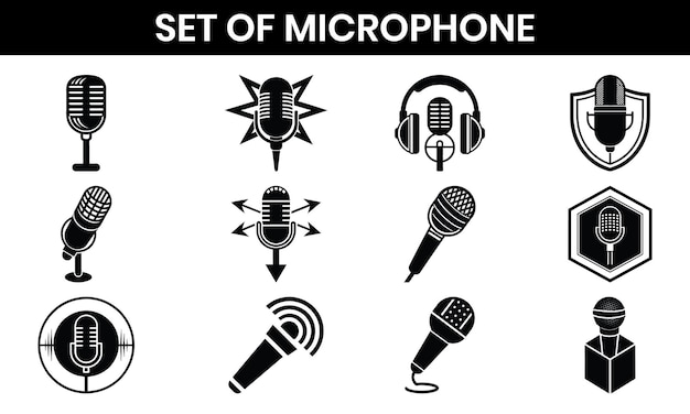 Conjunto de siluetas de micrófono para grabación de audio y radiodifusión Ilustración de silueta vectorial