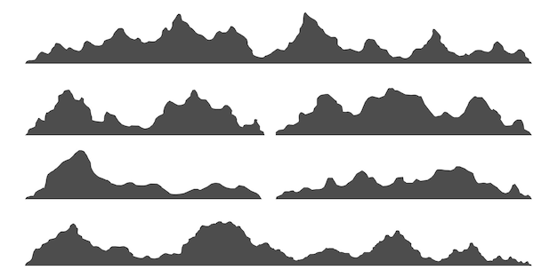 Vector conjunto de siluetas de montaña en blanco y negro highlands paisajes rocosos colinas vector