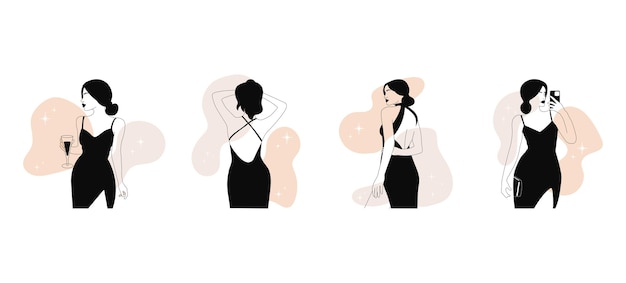 Conjunto de siluetas de mujeres elegantes minimalistas en un vestido de noche en manchas de colores Vector