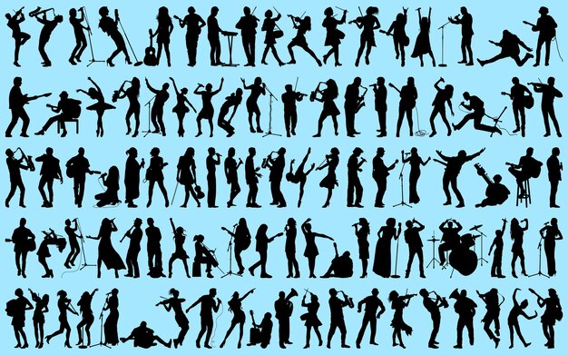 conjunto de siluetas de músicos o cantantes Ilustración vectorial