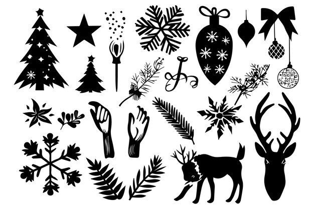 Conjunto de siluetas navideñas para el diseño en una ilustración vectorial de fondo blanco