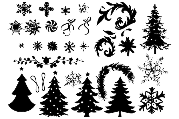 Conjunto de siluetas navideñas para el diseño en una ilustración vectorial de fondo blanco