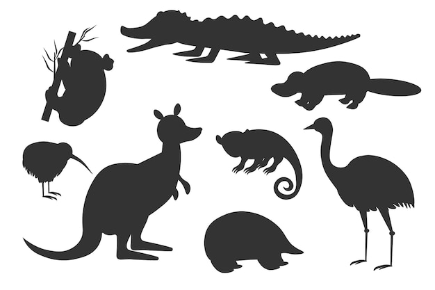 Conjunto de siluetas negras de animales australianos kangaroo koala y emu sobre un fondo blanco ilustración vectorial eps
