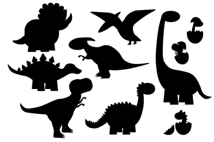 Vector conjunto de siluetas negras de dinosaurios sobre un fondo blanco estegosaurio triceratops tyrannosaurus brontosaurus pterodactyl y otros eps