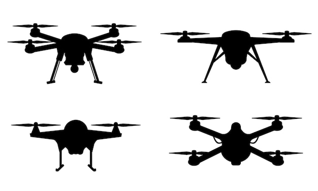 Conjunto de siluetas negras de drones aisladas sobre un fondo blanco Quadcopters vehículos aéreos no tripulados