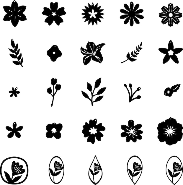 Conjunto de siluetas negras de flores y plantas Ilustración vectorial Colección minimalista de flores