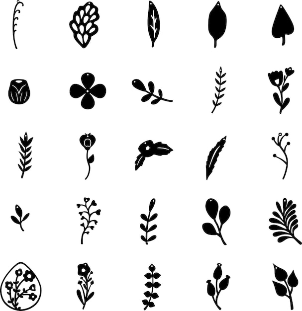 Conjunto de siluetas negras de flores y plantas Ilustración vectorial Colección minimalista de flores