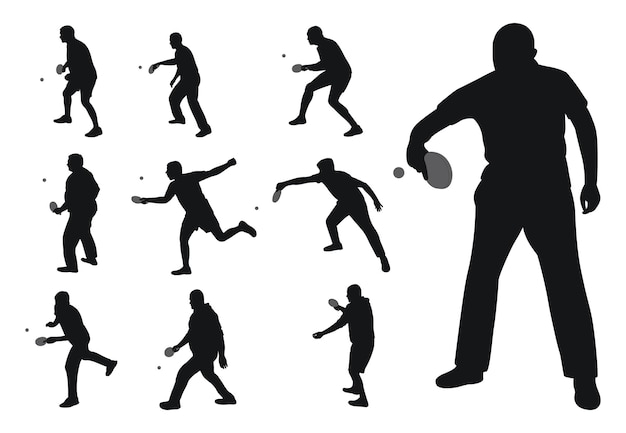 Conjunto de siluetas negras de jugadores de tenis con vector aislado de raqueta y pelota