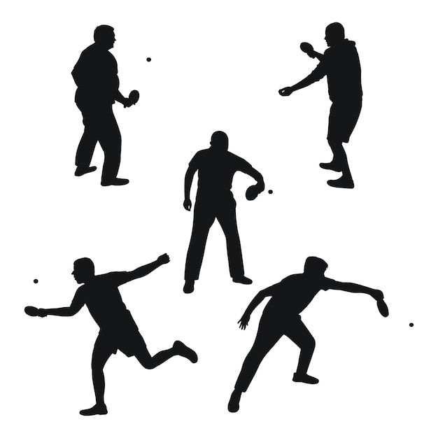 Conjunto de siluetas negras de jugadores de tenis con vector aislado de raqueta y pelota