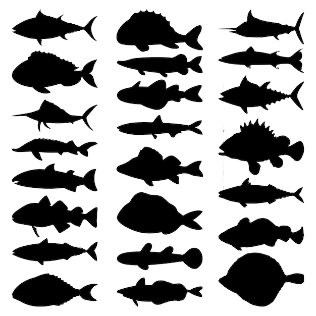 Conjunto de siluetas de peces en blanco y negro de animales marinos