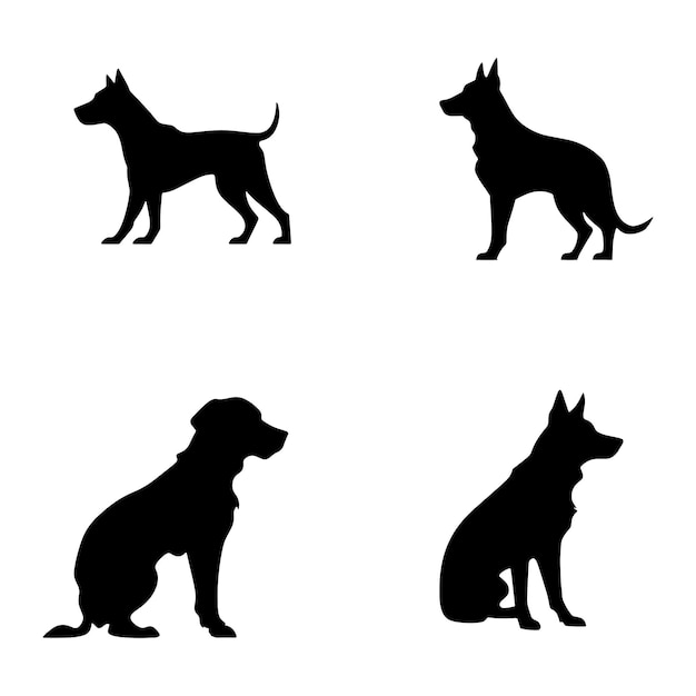 Vector un conjunto de siluetas de perros se muestran en blanco y negro.